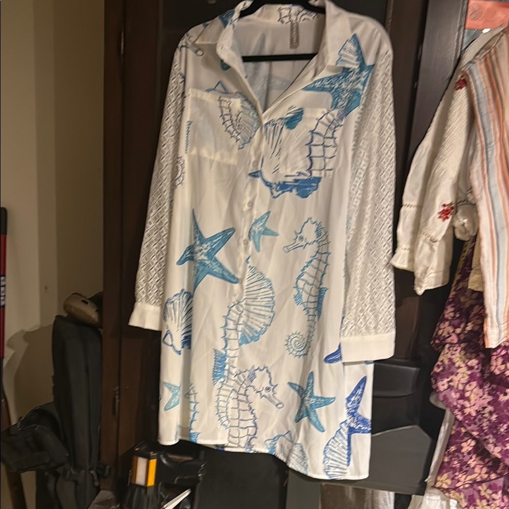 Blue and White Seahorse Print Dress